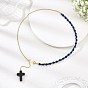 Natural Lava Rock & Evil Eye Lampwork 304 Stainless Steel Cable Chain Lariat Necklaces for Women, with Dyed Synthetic Turquoise Black Religion Cross Pendants