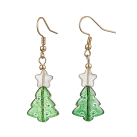 Glass Dangle Earrings for Women, with 304 Stainless Steel Earring Hooks, Christmas Trees, Green