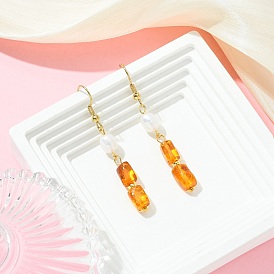 Серьги-подвески из натурального янтаря и натурального культивированного пресноводного жемчуга, с 304 нержавеющей стали серьги крючки, прямоугольник с овальной