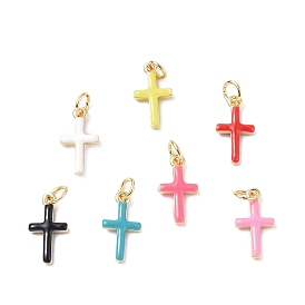 Real 18K Gold Plated Eco-Friendly Rack Plating Brass Enamel Pendants, Long-Lasting Plated, with Jump Rings, Lead Free & Cadmium Free, Cross Charm