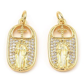 Rack Plating Brass Micro Pave Clear Cubic Zirconia Pendants, Oval with Saint