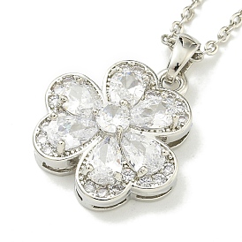 304 Stainless Steel Cable Chain Necklaces, Brass Clear Cubic Zirconia Flower Pendant Necklaces