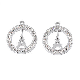 304 Stainless Steel Pendants, with Crystal Rhinestone, Ring with Eiffel Tower