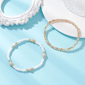 2 Набор эластичных браслетов из натуральных окаменелостей и круглых стеклянных бусин для женщин, с латунным