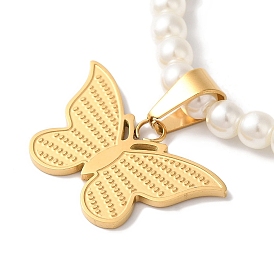 Butterfly Ion Plating(IP) 304 Stainless Steel Pendant Necklaces, Plastic Imitation Pearl Beaded Necklaces for Women