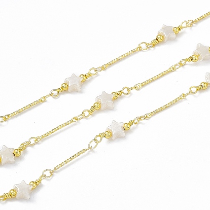 Handmade Brass Bar Link Chains, with ABS Imitation Pearl Star Beaded, Soldered, with Spool