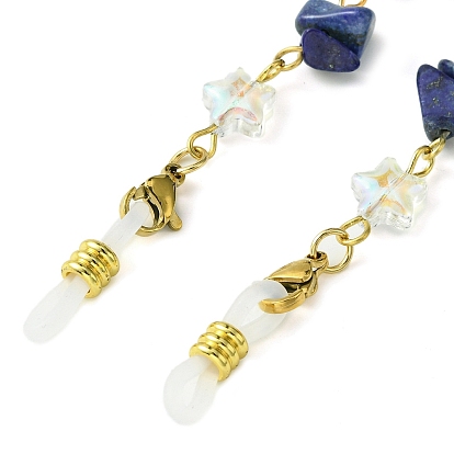 Ensemble de chaînes de lunettes en perles de champignons, style naturel, pierres précieuses mélangées et lampes au chalumeau, avec chaîne forçat en alliage doré, fermoirs et boucle aux extrémités