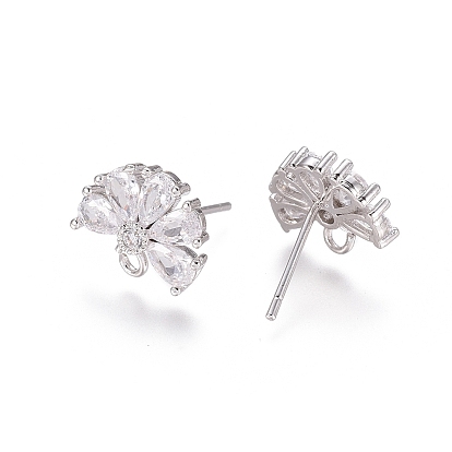 Латунные серьги с цирконом, с горизонтальными петлями, цветок, долговечный, прозрачные