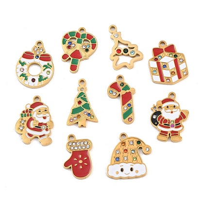 Christmas 304 Stainless Steel Enamel Pendants, with Rhinestone, Ion Plating(IP), Golden