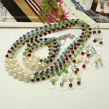 Fashion Glass Jewelry Sets, with Grade A Pearl Beads, Alloy Magnetic Clasps, Brass Earring Hooks and Alloy Lobster Claw Clasps