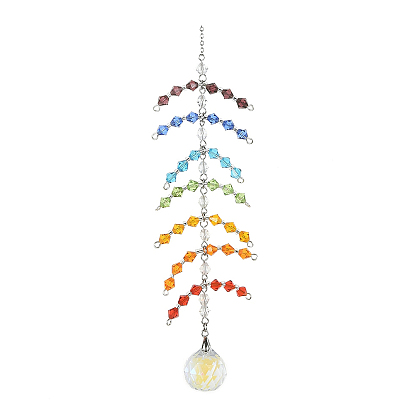 Faceted Round Glass Pendants Decoration, with 304 Stainless Steel Cable Chains and Glass Bicone, for Home Decoration