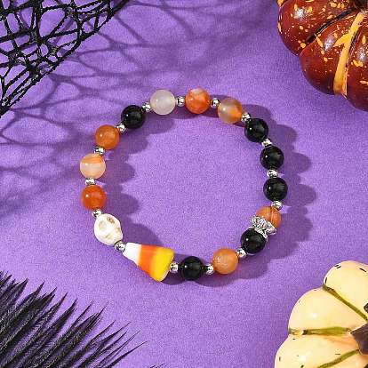 Halloween-Armbänder aus handgefertigten Glasperlen in Form von Zuckermais, runden, natürlichen Karneolperlen und gefärbten synthetischen Türkis-Totenkopfperlen, Platin Farbe