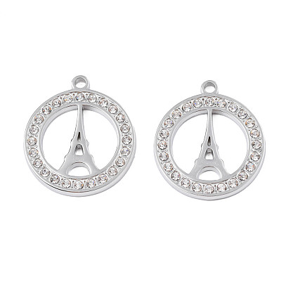 304 Stainless Steel Pendants, with Crystal Rhinestone, Ring with Eiffel Tower