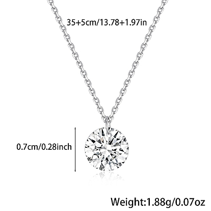 Flat Round Cubic Zirconia Pendant Necklaces, with Rhodium Plated 925 Sterling Silver Cable Chains for Women