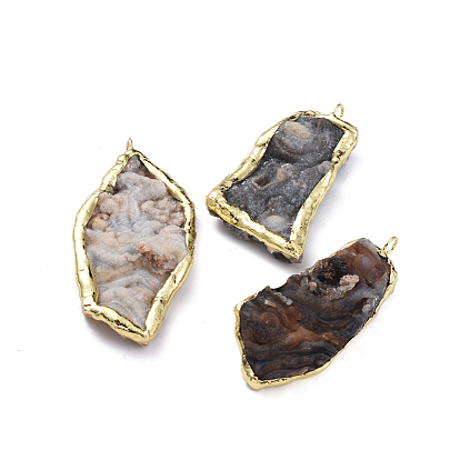Natural Agate Big Pendants, with Brass Loops, Nuggets, Edge Golden Plated