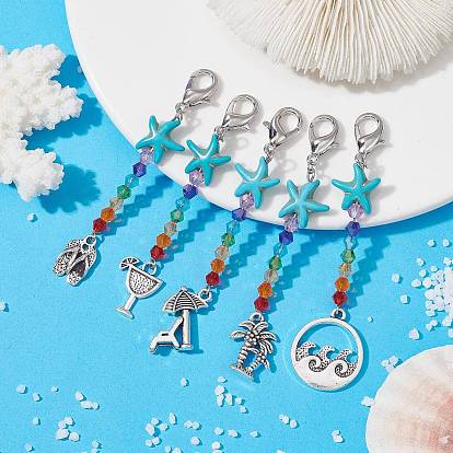 Glass & Starfish Synthetic Turquoise Pendants Decorations, with Alloy Lobster Claw Clasps, Coconut Tree & Slipper & Cocktail & Sunshade