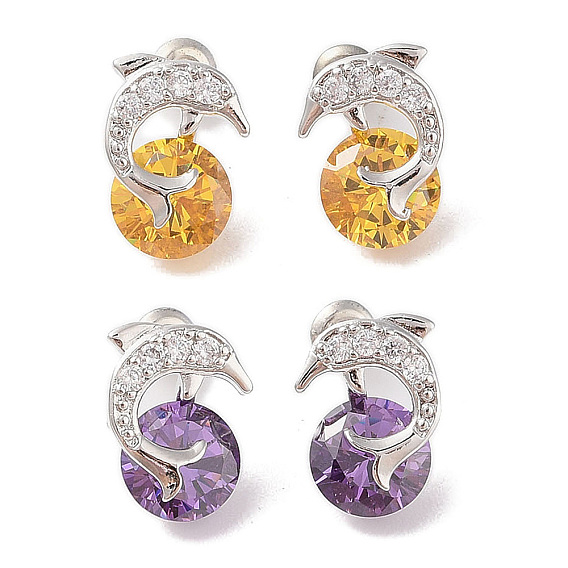 Серьги-гвоздики из латуни с микропаве из кубического циркония, долговечный, дельфин с плоской кружкой