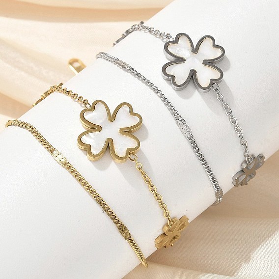 304 многорядные браслеты из нержавеющей стали с подвеской из ракушки и жемчуга, браслеты из цепочек и кабелей для женщин, клевер амулеты