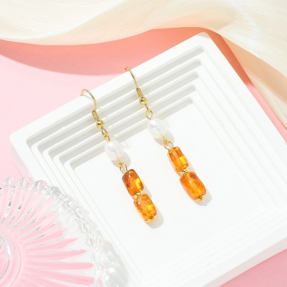 Серьги-подвески из натурального янтаря и натурального культивированного пресноводного жемчуга, с 304 нержавеющей стали серьги крючки, прямоугольник с овальной