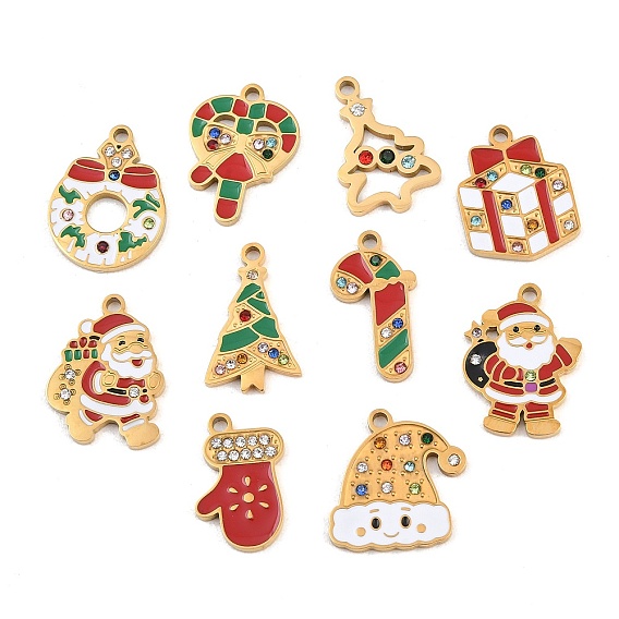Christmas 304 Stainless Steel Enamel Pendants, with Rhinestone, Ion Plating(IP), Golden