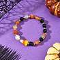 Halloween Handmade Lampwork Candy Corn & Round Natural Carnelian & Dyed Synthetic Turquoise Skull Beaded Stretch Bracelets, Platinum