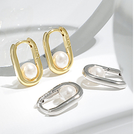 Pendientes de aro rectangulares de plata de ley de moda, con perlas de imitación