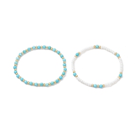 2Pcs 2 Style Natural Howlite & Glass Seed Round Beaded Stretch Bracelets Set for Women