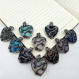 Gemstone Heart Pendants, Antique Silver Plated Metal Dragon Wrapped Charms