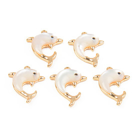 Natural White Shell Mother of Pearl Shell Pendants, with Golden Brass Findings, Dolphin