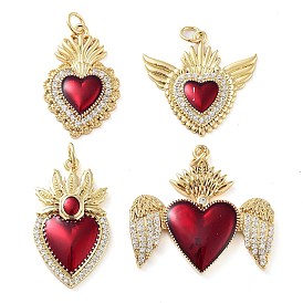 Rack Plating Brass Micro Pave Clear Cubic Zirconia Pendants, with Enamel and Jump Ring, Long-Lasting Plated, Cadmium Free & Lead Free, Sacred Heart