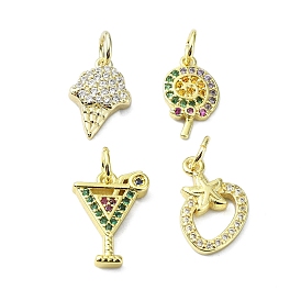 Brass Micro Pave Cubic Zirconia Pendants, with Jump Ring, Real 18K Gold Plated, Ice Cream/Lollipop/Drink/Strawberry Charm
