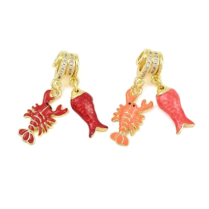 Cuentas colgantes de latón con micro pavé de circonitas cúbicas transparentes, langosta y pescado, con esmalte, chapado en rack, larga duración plateado, sin plomo y el cadmio