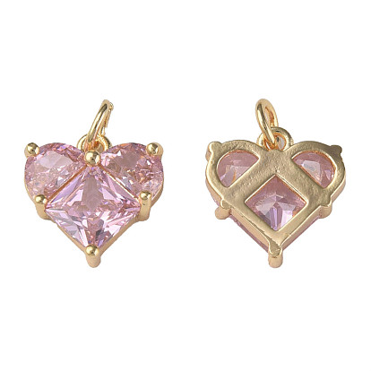 Brass Micro Pave Clear Cubic Zirconia Pendants, with Jump Rings, Nickel Free, Real 18K Gold Plated, Heart