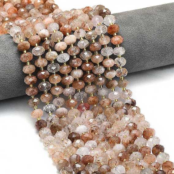 Нити бусин из рутилированного кварца из натурального черного золота, граненые, рондель, с бисером