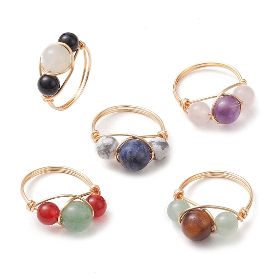 Кольца для пальцев, обернутые медной проволокой, круглые женские кольца из смешанных натуральных камней