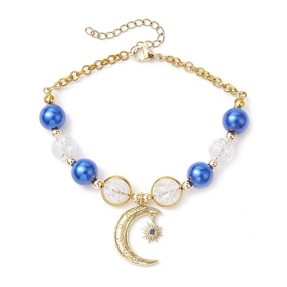 Круглые браслеты из стекла и акрила из бисера, Браслеты с подвесками из латуни с микропаве и луной и звездами для женщин с синим цирконием