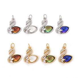Brass Micro Pave Clear Cubic Zirconia Charms, with Brass Loops & Glass, Cadmium Free & Nickel Free & Lead Free, Swan, Real 18K Gold & Real Platinum
