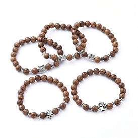 Stretch Bracelets, with Natural Wood Beads and Tibetan Style Alloy Beads, Mixed Shape