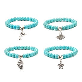 Synthetic Turquoise Round Beaded Stretch Bracelet with Charm Drop for Women, Mixed Shape