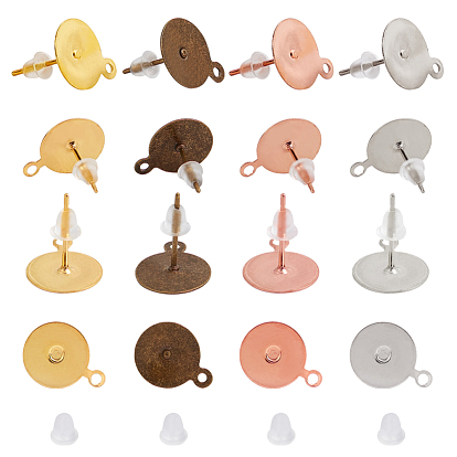 Brass Stud Earring Settings, with Iron Pin, Loop, Plastic Ear Nuts/Earring Backs
