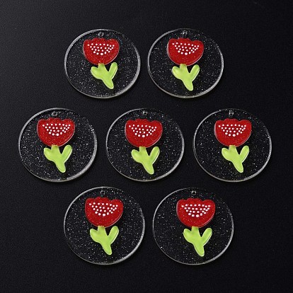 Cellulose Acetate(Resin) Pendants, with Glitter Powder, Flat Round with Tulip