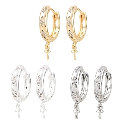 Brass Micro Pave Clear Cubic Zirconia Huggie Hoop Earring Findings, Rhombus Pattern, for Half Drilled Beads, Rack Plating, Long-lasting Plated