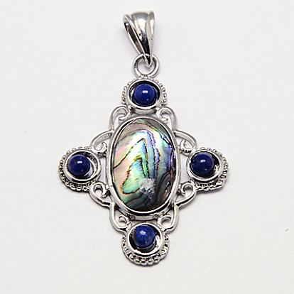 Кулон с панцирем, с латунной установку подвесных и кабошоны кошачьего глаза, крестик, Платиновый металл, 40x29~30x4.5 мм, отверстие : 7x4 мм