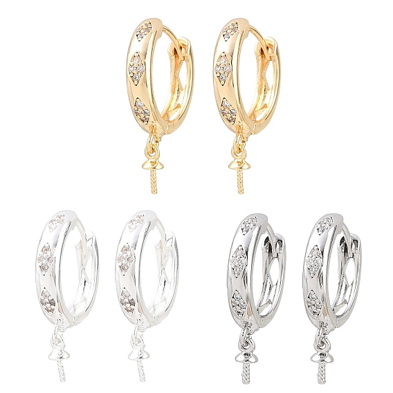 Conclusions de boucles d'oreilles huggie hoop en laiton micro pavé clair zircone cubique, motif losange, pour la moitié de perles percées, crémaillère plaquage, plaqué longue durée