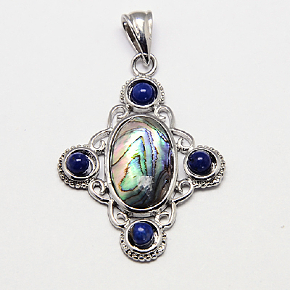 Кулон с панцирем, с латунной установку подвесных и кабошоны кошачьего глаза, крестик, Платиновый металл, 40x29~30x4.5 мм, отверстие : 7x4 мм