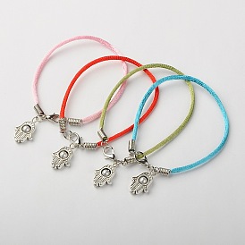Hilo de nylon fabricación de pulseras, con cuentas de perlas de vidrio, aleación de estilo tibetano hamsa mano / mano de fatima / mano de colgantes miriam y cierres de langosta de aleación, platino y antigüedades de metal de color plata, 185x2 mm