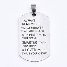 201 Stainless Steel Quote Pendants, Stamped Dog Tags, Inspirational Gift Jewelry, Rectangle, Laser Cut