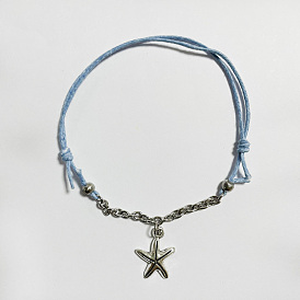 Adjustable Starfish/Sea Stars Charm Bracelets, with Chinese Waxed Cotton Cord and 304 Stainless Steel Cable End Chains