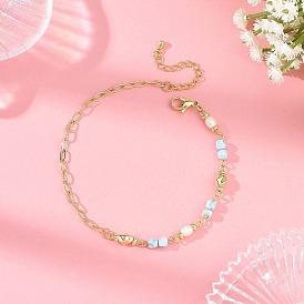 Faceted Cube Natural Larimar Brass Paperclip Chain Anklets with Natural Pearl for Women