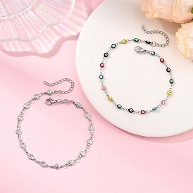 2Pcs 2 Styles 304 Stainless Steel Enamel Colorful Evil Eye Link Chain Anklets, Mushroom Link Chain Anklets
